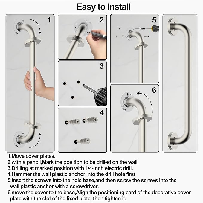 16 Inch Grab Bar 304 Stainless Steel Anti-Slip Bathroom Safety Handrail Wall Mount Assist Grip for Elderly Handicap Bathtub Shower Toilet,GB-4023-BN,Brushed Nickel