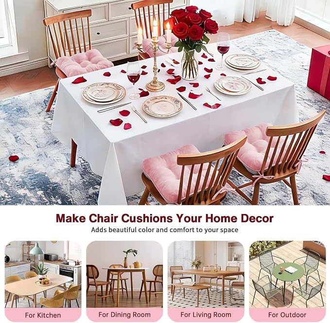 BETU Pink Chair Cushions for Dining Chairs Set of 4,3.5" Thick Kitchen Table Chair Pads with Ties,Non Slip Backing and Covers, Seat Cushion for Dining Room,Bar,Patio Chairs,15.5"X15.5"X3.5",Pink