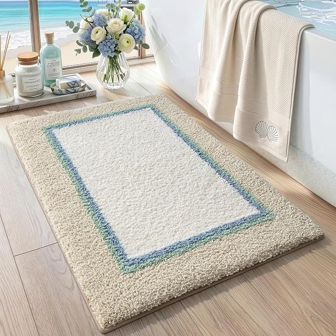 DEXI Bathroom Rugs 24x16, Absorbent Extra Soft Plush Microfiber Bath Mat for Bathroom, Non Slip Washable Bathmat Quick Dry for Shower Floor, Sink, Tub, Laundry Room, Beige and White