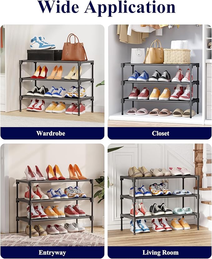Kitsure Shoe Rack - Non-Woven Shoe Rack Shelf, Shoe Organizer for Closet, Entryway, Garage & Corridor, Stackable Shoe Shelves, 27.5" Wide - 3 Tier, Black