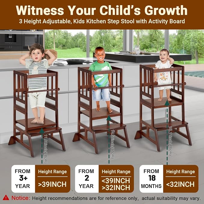 COSYLAND Toddler Standing Tower - Adjustable Height Toddler Kitchen Stool Helper - Kids Kitchen Step Stool for Learning with Removable Safety Railing Brown