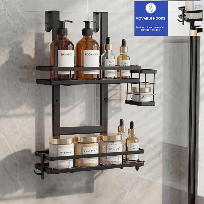 Over the Door Shower Caddy Hanging, Rustproof Shower Shelves with Waterproof Phone Pouch, 2-Tier Adjustable Bathroom Organizers and Storage, No Drilling Shower Shelf, Black Shampoo Soap Holder