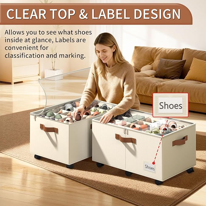 Shoe Organizer for Closet, 2 Pack Shoe Storage Organizer with Wheels and Adjustable Dividers, Stackable Shoe Storage Box with Clear Cover, Foldable Closet Shoe Organizer Fits up to 24-48 Pairs, Beige