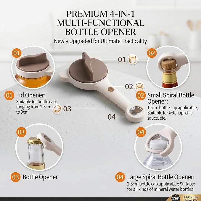NiceGo 4-in-1 Adjustable Jar Opener - Premium Stainless Steel Lid Remover for Seniors & Arthritis Sufferers, Effortless Multi-Function Bottle & Can Opener for Kitchen Gadgets (1 Pack)