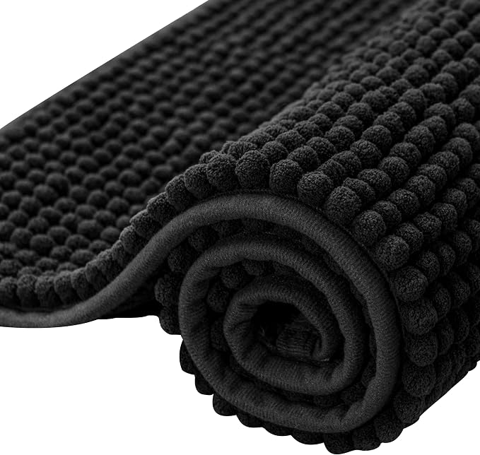 SUBRTEX Bathroom Rugs, 24" x 36" Chenille Bath Rug Soft Short Plush Bath Mat Soft Shower Mat Water Absorbent Shower Mat Quick Dry Machine Washable, Black