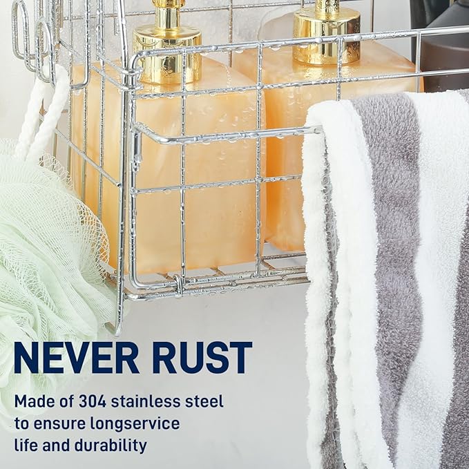 SUTINE Hanging Shower Organizer, Shower Caddy Hanging, Bathroom Storage Rack with Hooks Over the Door, Stainless Steel Rustproof Bathroom Basket Shelf for Bath Faucet or Cross Bar