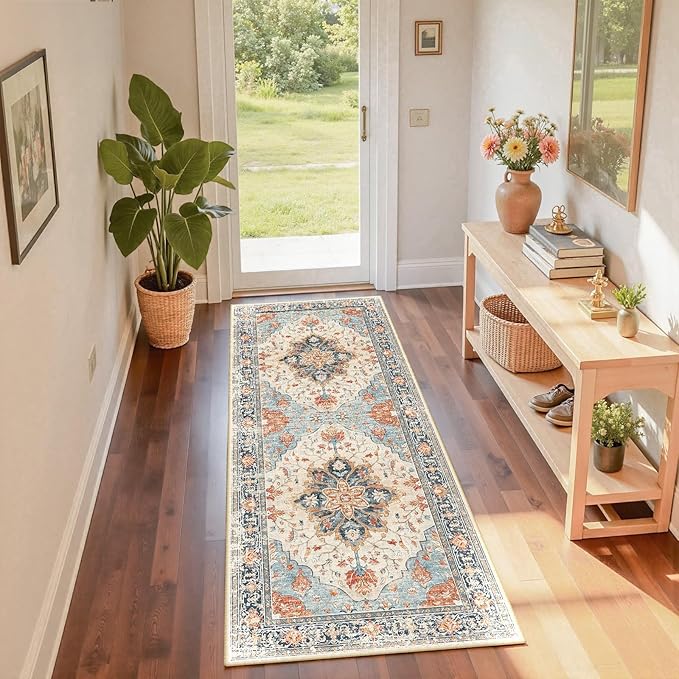 RELEANY Area Rugs Runner 2'x6' Washable Non-Slip, Floral Vintage Distress Medallion Carpet for Kitchen Hallway Bedroom Beside Laundry Room Bathroom, Beige Navy Blue Orange Colorful