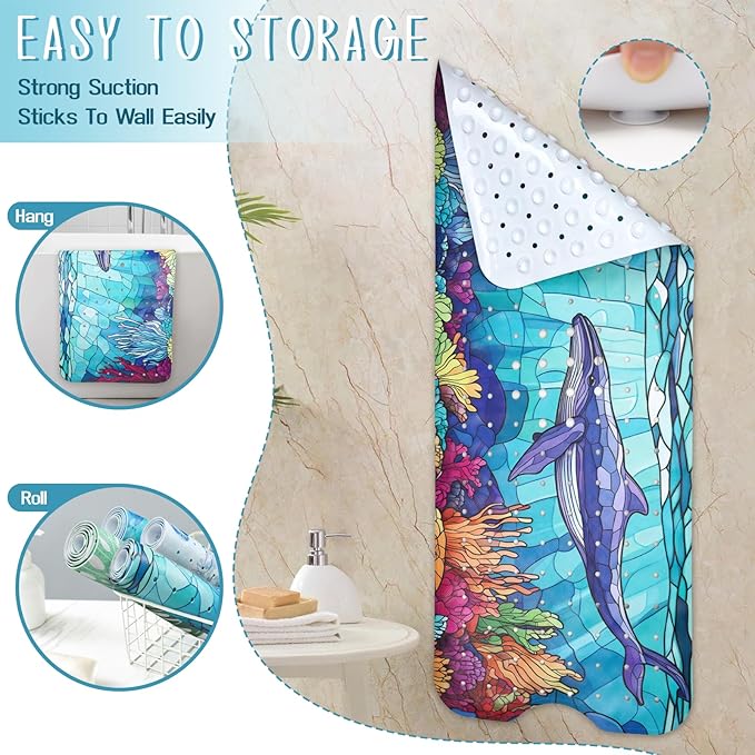 EAN Animals Bathtub Mat Non Slip, Sea Baby Bath Mat for Tub Rubber Tub Mat, Cute Toddler Kids Bath Mats for Bathroom Whale Anti Slip Shower Mat with Suction and Drain Holes Machine Washable, 40″x16″