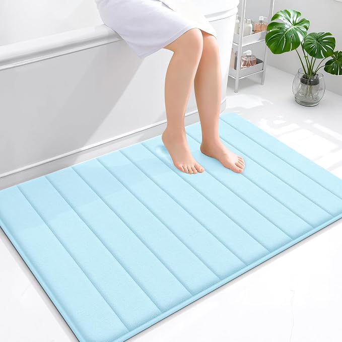 OLANLY Memory Foam Bath Mat 44x32, Super Soft Absorbent Bathroom Rugs, Quick Dry, Machine Washable Shower Floor Rugs, Bathmat Carpet, Bathroom Home Decor Accessories, Sky Blue