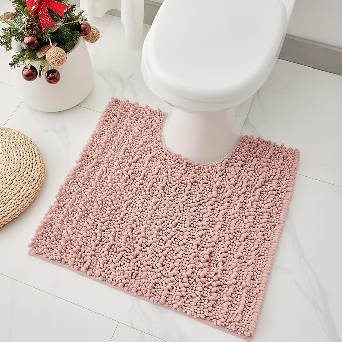 Toilet Rugs U-Shaped Mat 24x24, Contour Bathroom Mat - Ultra Soft & Absorbent Chenille, Quick-Dry, Machine Washable with Non Slip Barrier Backing, Pink