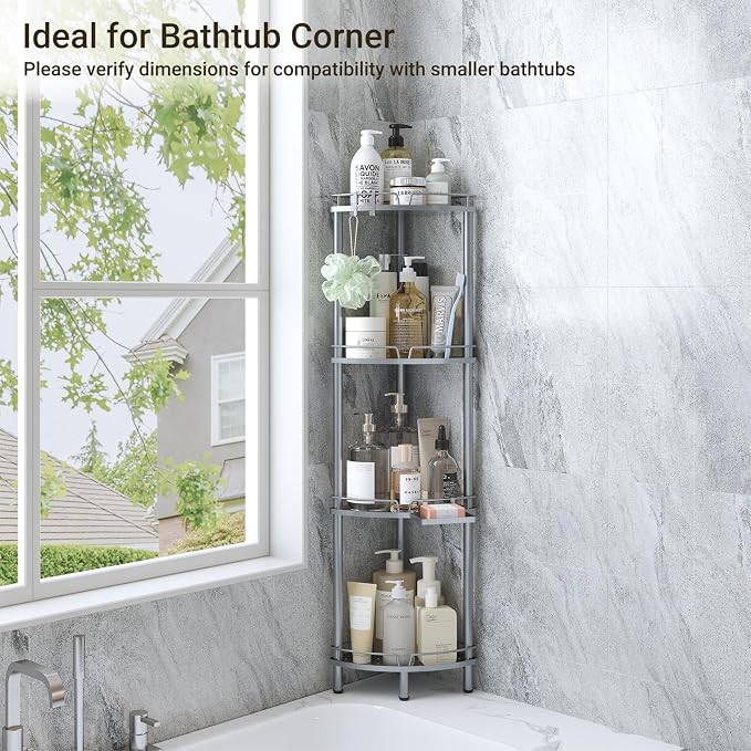 ELYKEN Corner Shower Caddy Standing, 4 Tier Rustproof Metal Shower Organizer with Soap Holder, Floor Shower Corner Shelf Rack Storage Stands with Adjustable Feet & 2 Hooks for Bathroom, Silver