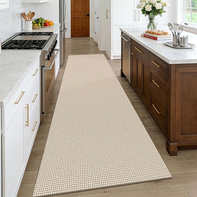 KOZYFLY Runners for Hallways 3x10 ft Washable Kitchen Runner Non Slip Rubber Backed Hallway Rugs Cotton Entryway Runner Rug for Indoor Hall, Backdoor, Kitchen, Ivory/Camel/Brown