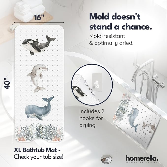 Bathtub Mat Non Slip Anti Mold for Kids 40x16 - homerella® Bath Mat for Tub, BPA Free, Incl. 2 Hooks, Washable Shower Mat Non Slip Anti Mold, Shower Mats for Inside Shower, EU Certified