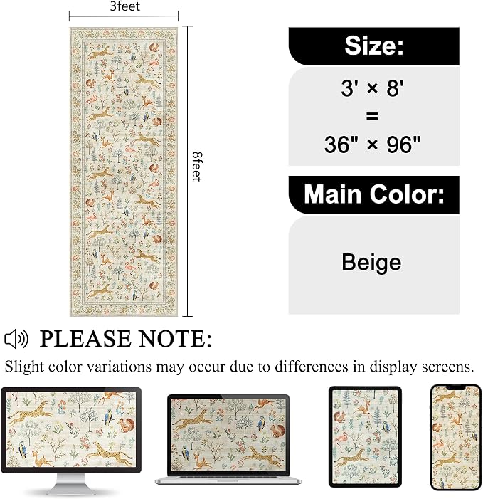 DUKINO 3x8 Washable Runner Rug, Low Pile Animal Print Non Slip Long Runner Rug for Kitchen, Lightweight & Non Shedding Indoor Carpet for Hallway, Kitchen, Entryway, Bathroom, Laundry, Beige