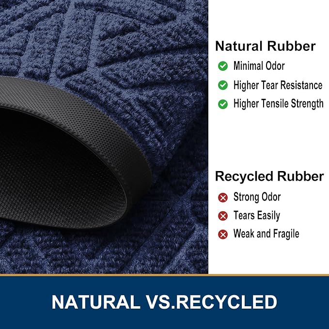 Smiry Front Door Mat Outside Entrance, Heavy Duty Sturdy Natural Rubber Doormat, Trap Dirt and Moisture, Easy Clean Low Profile Mats for Indoor Outdoor Entry, Grid Geometric (29.5x17, Navy Blue)