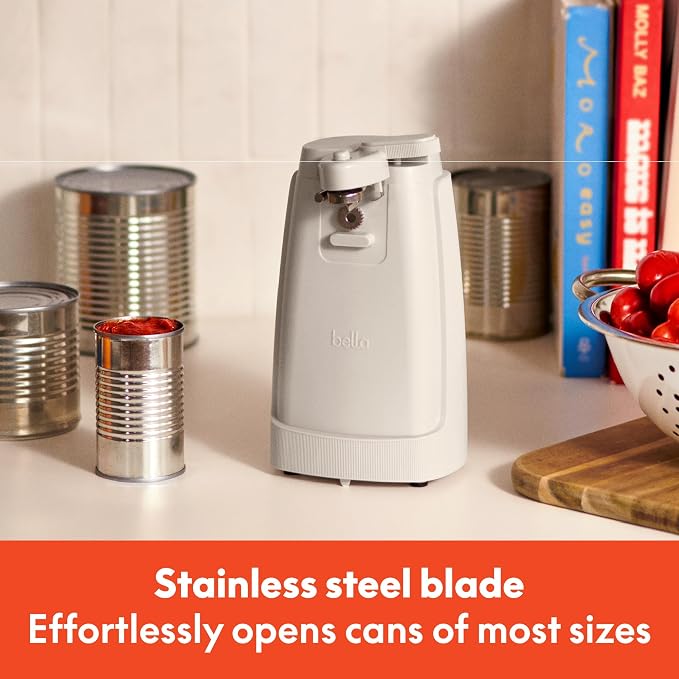 bella Electric Can Opener and Knife Sharpener, Removable Cutting Lever, Cord Storage, Stainless Steel Blade, Oatmilk