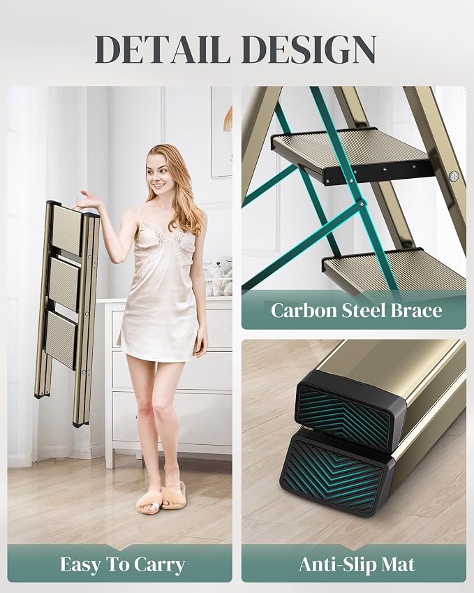 3 Step Ladder, Folding Step Stool with Wider Pedal, Anti-Slip Feet & Non Slip Stripes, Aluminum Sturdy Material, 300Lbs Capacity, Elegant Look of Champagne Gold Better Matches Your Home
