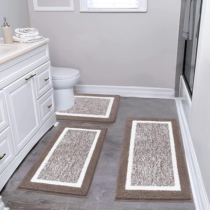 Pauwer Bathroom Rug Set - 3 Piece Shower Mats with U-Shaped Contour Toilet Mat, Absorbent Microfiber Plush Bath Mats, Non Slip, Machine Washable Shaggy Floor Mats