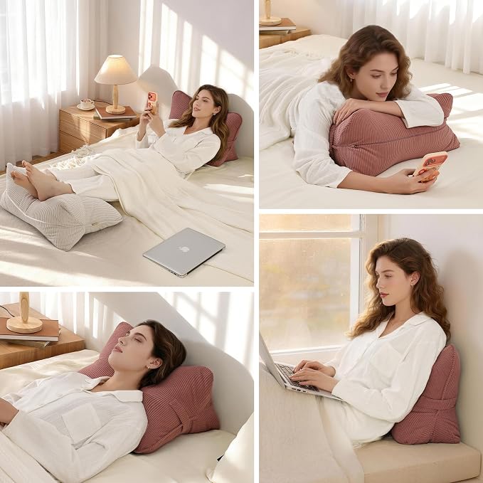 Pat. Pend. Corduroy Back Pillow for Sitting Up & Reading, Ergonomic Triangle Lumbar Support Cushion for Sofa, Armchair & Bed, Removable Cover, Brick Brown