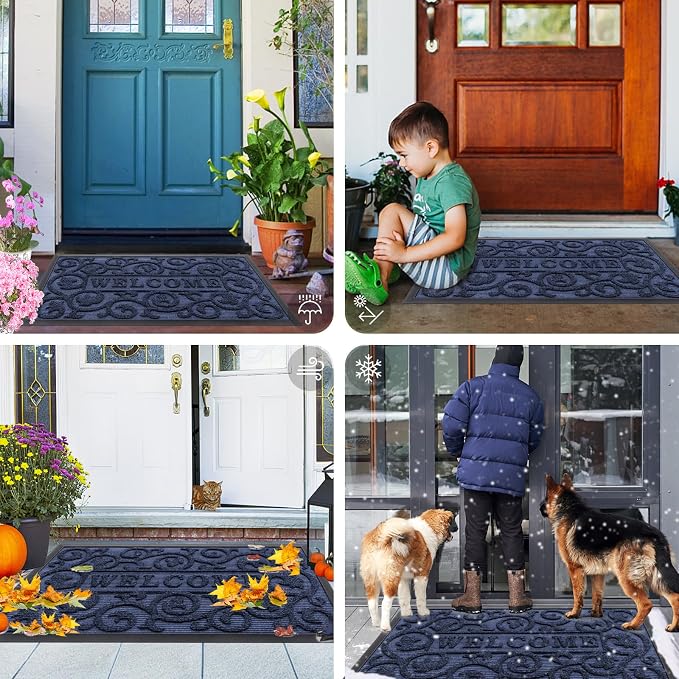 Smiry Welcome Door Mat Outside Entrance, Heavy Duty Trap Dirt and Moisture Easy Clean Low Profile Patio Porch Indoor Outdoor Front Doormat for Entry, 29.5x17 Inch, Navy Blue