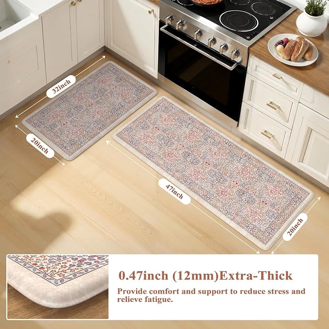 Collive Anti Fatigue Mats for Kitchen Floor, Cushioned Comfort Kitchen Rugs Sets of 2 Waterproof Non Skid Padded Sink Rugs, Pink/Blue Floral Rug Standing Mat for Laundry, Home Office Decor