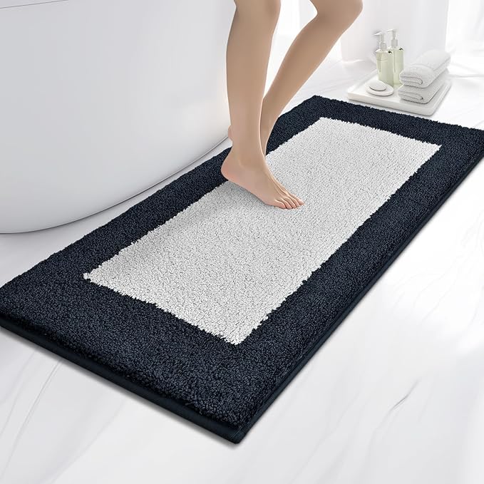 anllugs Bathroom Rugs 24" x 60", Non-Slip Extra Soft Absorbent Bath Rugs, Machine Washable Quick Dry Bath Mats for Bathroom Floor, Shower, Bathtub and Sink, Navy Blue & White