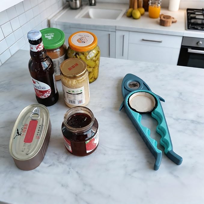 Jar Opener Bottle Opener for Arthritis, 5-in-1 Multifunctional Jar Opener, Easy to Use for Seniors and Weak Hands, Shark Shape Kitchen Gadget for jar, Beer and Bottle (Grey and Blue)