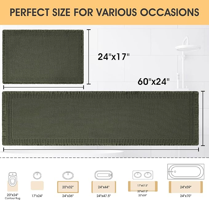 Waffle Bath Mat Set 2 Piece, Boho Woven Modern Bath Rug Absorbent Non Slip, Soft Bathroom Mats, Machine Washable Knit Bath Rugs with Border for Bathroom, Bedroom, Kitchen, Shower, Tub, Dark Green