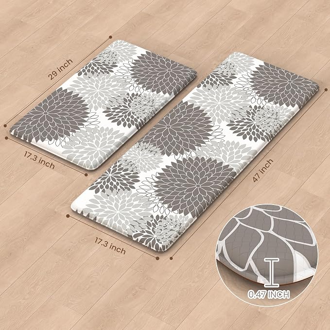 Anti Fatigue Kitchen Mat 2PCS,Boho Dahlia Floral Kitchen Rugs Non Slip Rubber Backing,Waterproof Farmhouse Kitchen Mat for Floor,Cushioned Standing Mat for Office,Laundry,Sink,Desk,Grey