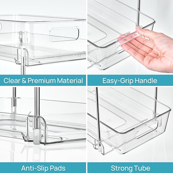 Vtopmart 4 Pack Higher Bathroom Organizer, 2 Tier White Under Sink Organizers Vanity Countertop Storage Container,Cabinet Drawers Bins, Pull-Out Organization with Track for Pantry, Kitchen