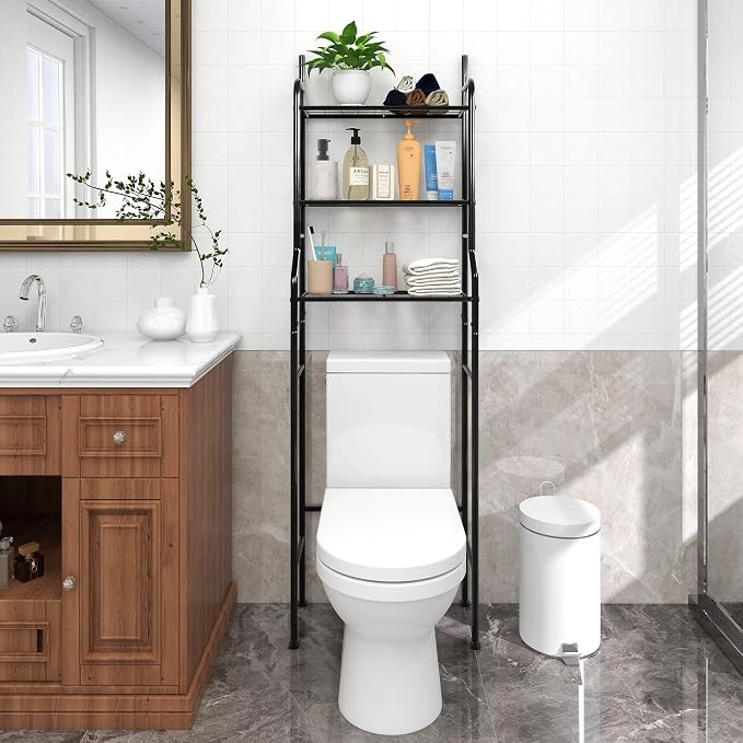 3-Shelf Bathroom Organizer Over The Toilet Space Saver Bathroom Corner Stand Storage Organizer, Black