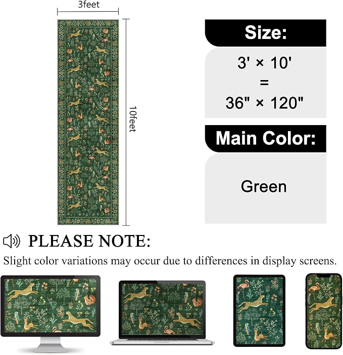 DUKINO 3x10 Washable Runner Rug for Hallway, Lightweight Long Kitchen Rug with Low Pile Design, Vintage Animal Non Shedding Thin Indoor Carpet for Entryway, Bathroom, Bedroom, Laundry Room, Green