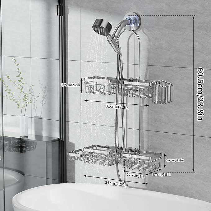 KEGII Shower Caddy Hanging for Handheld Showerheads, Rustproof Hanging Shower Organizer with Soap Dish, Toothbrush Holder and Hooks, Over Showerhead Caddy for Bathroom, Silver
