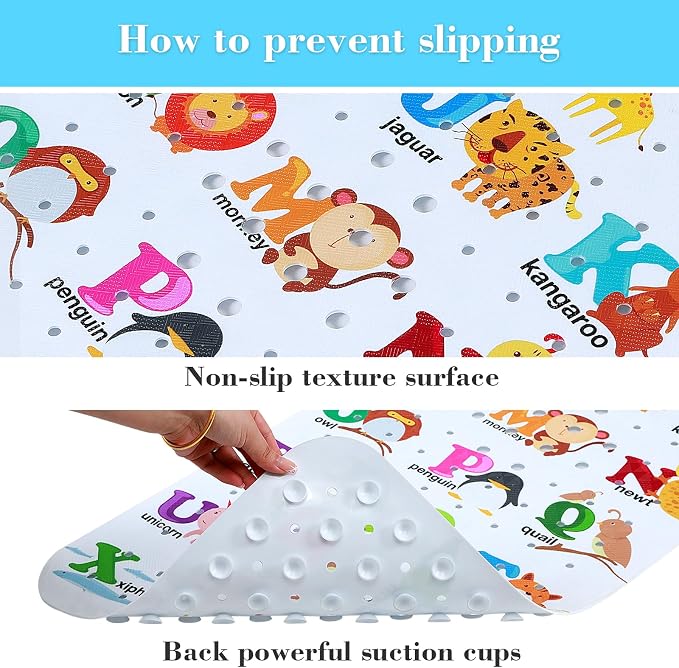 Secopad Bath Mat for Tub Non Slip, Machine Washable Anti-Slip Cartoon Baby Bathtub Shower Mat with Drain Holes and Suction Cups for Toddler & Kids (40 Inch x 16 Inch-Rectangular, Alphabet and Animals)