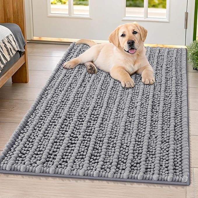 Smiry Dog Door Mat for Muddy Paws 40x32, Absorbent Dirt Trapper, Non-Slip Washable Chenille Entryway Rug for Inside Floor, Grey, Layered Pattern