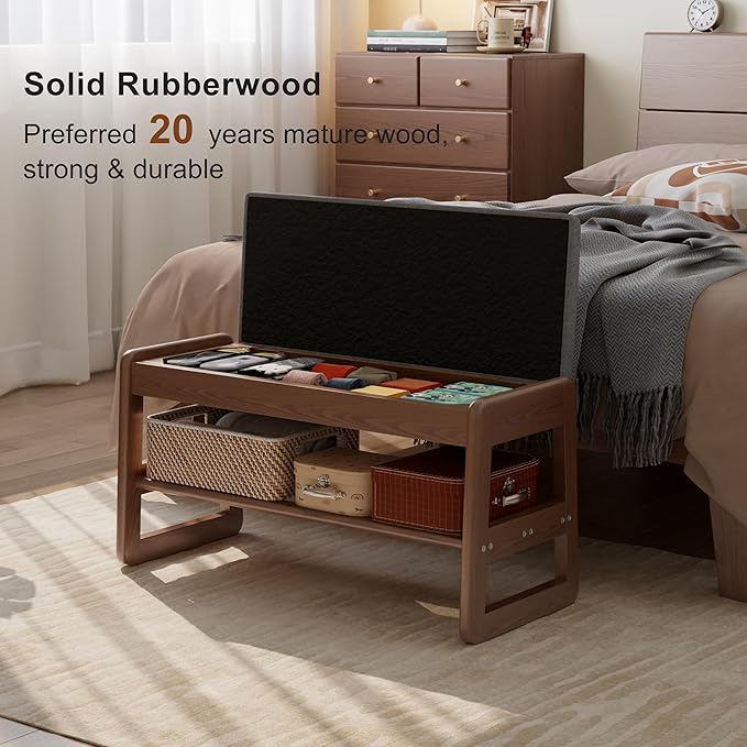 AQIMUELE Shoe Rack Bench,2 Tiers Shoe Bench with Storage with Flip-Top,Wood Shoe Rack for Entryway,Hallway（Walnut Upholstered Seat,11.8" D x 31.5" W x 15.7" H）