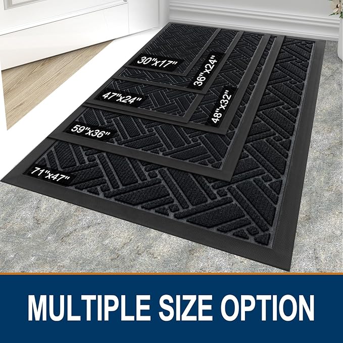 OLANLY Indoor Outdoor Mat, Sturdy Natural Rubber Floor Mat, Non Slip Low Profile Waterproof Doormat, and Stain Front Door Mats, Easy Clean Patio Entrance Mat, 36''x24'', Black