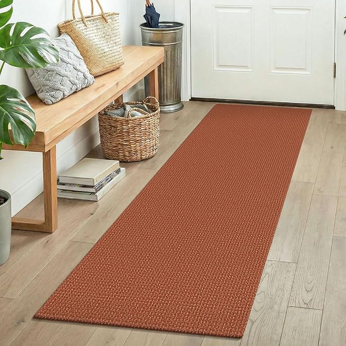 KOZYFLY Woven 2x5 Entry Runner Rug, Washable Runners for Entryway, Non Slip Hallway Rug, Small Throw Carpet Runner for Kitchen, Bedside, Hall, Bathroom, Burnt Orange/Tan