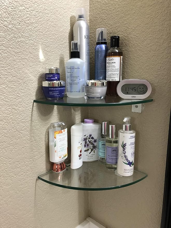 Bakzon Glass Corner Shower Shelf 2 Pack, No-Drill Adhesive or Screw Mount, 9.5" Tempered Glass Caddy Holds 22 lbs, Rustproof Aluminum Brackets, Renter-Friendly Inside Shower Organizer