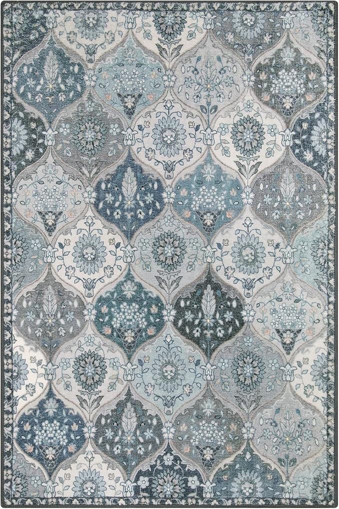 Lahome Moroccan Machine Washable Area Rugs, 4x6 Rug for Living Room Bedroom, Soft Non-Slip Rug Vintage Trellis Ultra-Thin Throw Carpet for Dining Room Office Elise, Blue