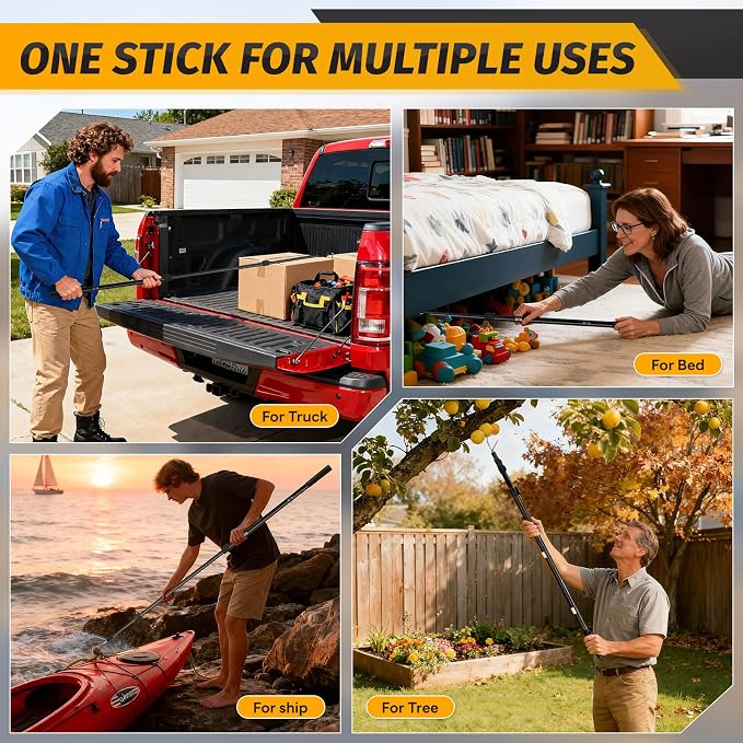 6.9 Ft Magnetically Mounted Truck Cargo Grabber Reach Retriever Tool with Two Hooks, Upgraded Extendable Telescoping Pickup Truck Bed Retriever Tool Magnetic Heavy Duty Truck Bed Accessories
