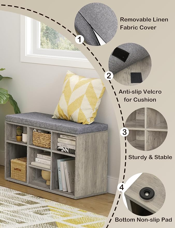 DINZI LVJ Shoe Bench, 9 Cubbies Shoe Organizer for Entryway, Storage Bench with Cushion, Cubby Shoe Rack with Adjustable Shelves for Living Room, Bedroom, Mudroom, Hallway, Gray Wash