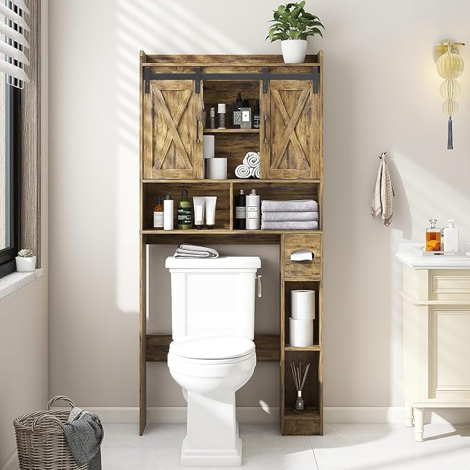 Vabches Over The Toilet Storage Cabinet, Farmhouse Storage Cabinet Over Toilet with Sliding Doors & Toilet Paper Holder Stand，Home Space-Saving Toilet Rack, for Bathroom, Restroom, Laundry