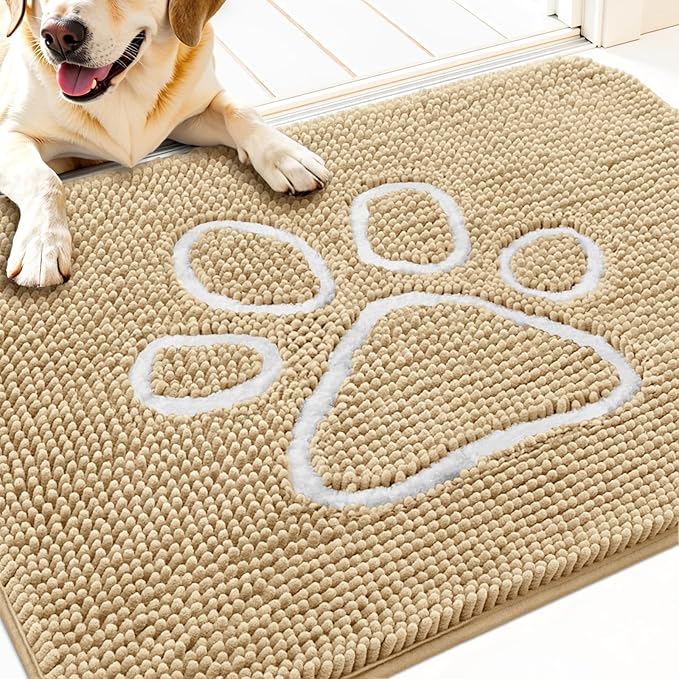 OLANLY Dog Door Mat for Muddy Paws 34x21, Paw Print Design, Absorbs Moisture and Dirt, Absorbent Non-Slip Washable Doormat, Quick Dry Chenille Mud Mat for Dogs, Entry Indoor Entryway Carpet, Beige