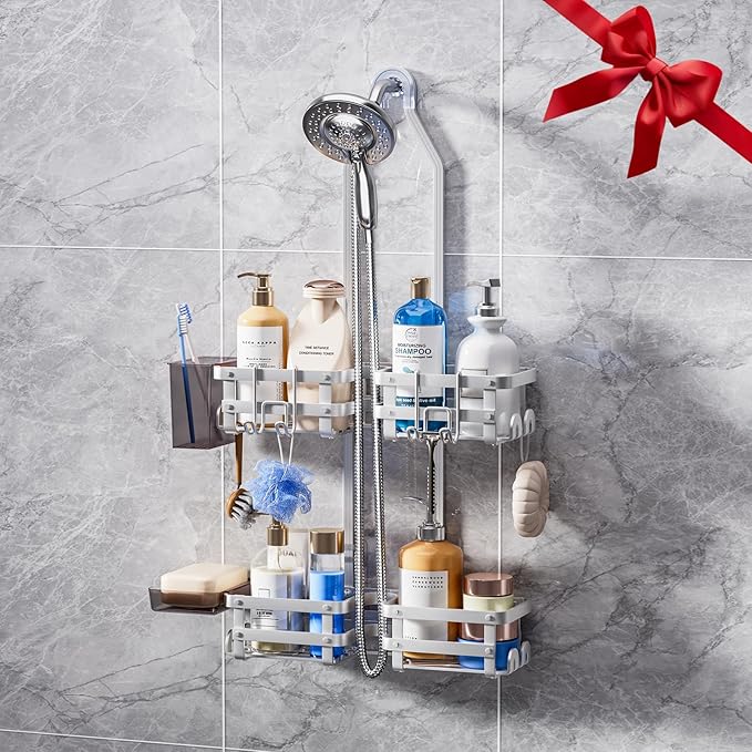 GAOKASE Aluminum Shower Caddy Hanging, Never Rust Shower Organizer- 4 Levels with adjustable Height 10 Hooks for Razor/Sponge - Rack with Soap Basket (Silver)