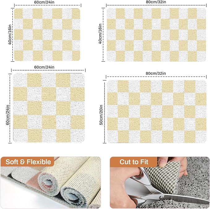 Square Loofah Shower Stall Mat 24"x24", Quick Drying Shower Mats with Drain, PVC Loofah Bath Mat for Wet Room & Bathroom Floor, Soft Textured & Elderly Safe, Washable & Resistant, Beige Checkered