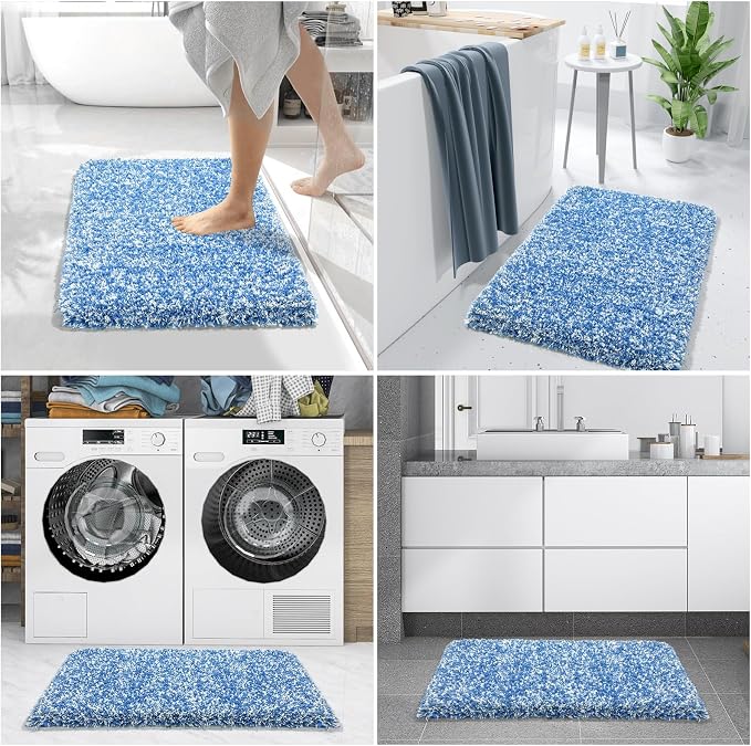 Yimobra Bath Rugs for Bathroom 32X20, Ultra Soft and Water Absorbent Bath Mats, Non Slip Plush Shower Mat Outside, Microfiber Thick Matts for Bathroom Floor/Tub, Machine Washable, Blue and White