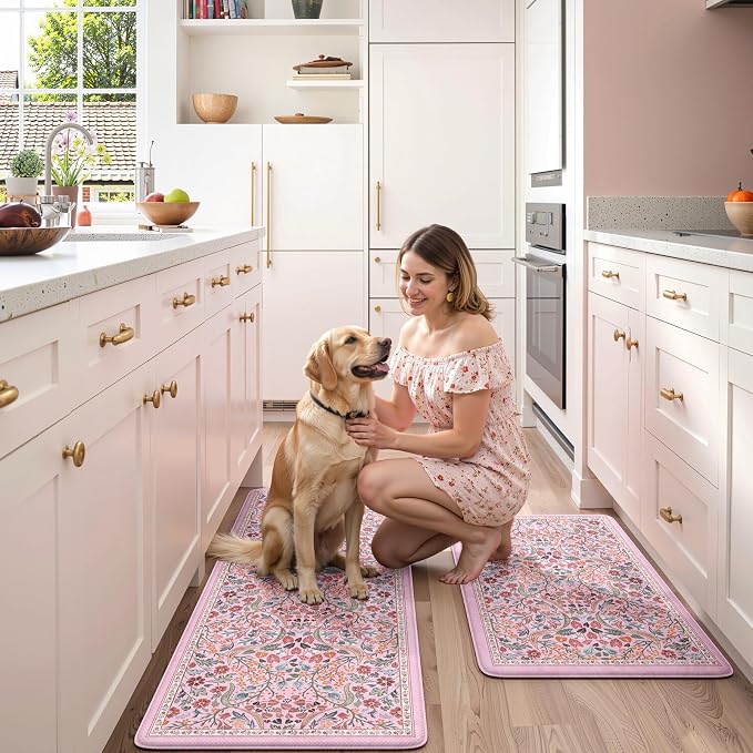 Collive Kitchen Mats Cushioned Anti Fatigue, Waterproof Kitchen Floor Mat Non Slip Desk Rugs Comfort Standing Rug for Sink, Office, Laundry, Home Decor, Pink