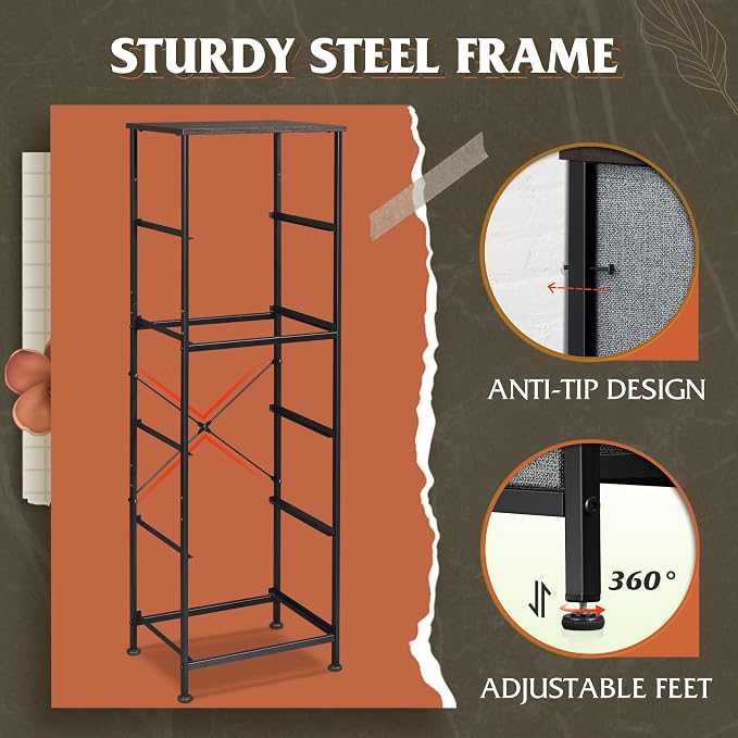 WLIVE Fabric Dresser, 5-Drawer Tall Dressers for Bedroom, Storage Dresser Organizer with Fabric Bins, Wood Top, Sturdy Steel Frame, Chest of Drawers for Closet, Hallway, Dark Grey