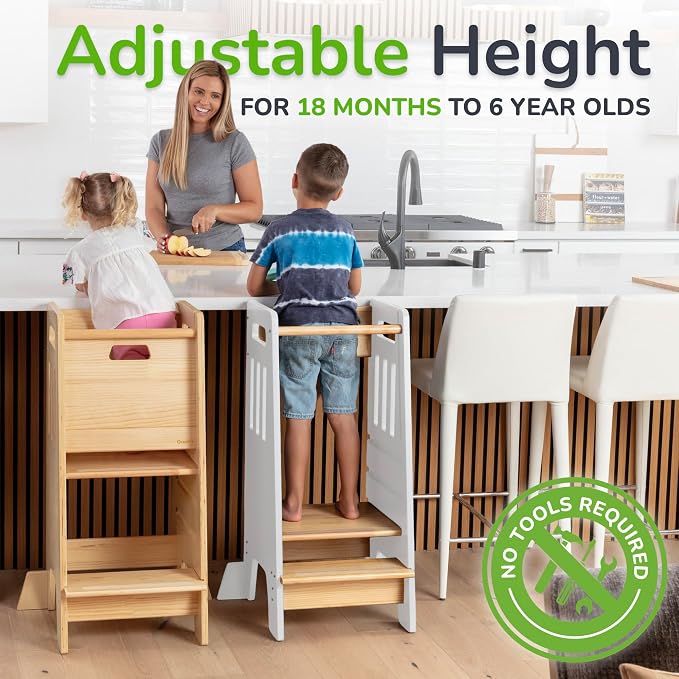 OCODILE Toddler Tower with a Sliding Door and 3 Adjustable Heights - Safe Toddler Kitchen Step Helper with Support Feet - Updated Design for 18+ Months to 6-Year-Old Kids - White